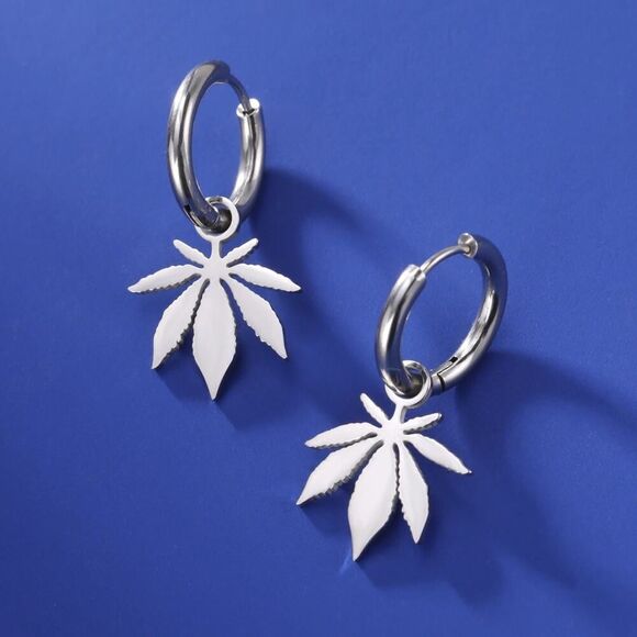Silver Weed Leaf Hoop Earrings Hypoallergenic‎ Stainless Steel Marijuana - Picture 4 of 5